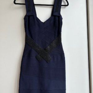 Herve Leger Navy Sleveless Bodycon Dress with Black Metallic Stripe Size XS